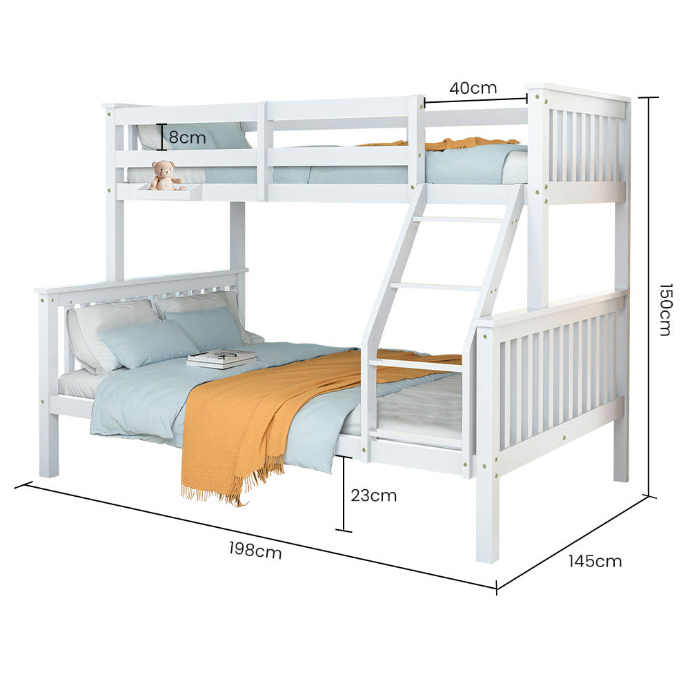 Beds & Bed Frames: Kingston Slumber Single Over Double Wooden Bunk Bed Frame, Triple Solid Pine 2-in-1 Modular Design, Converts to 2 Beds, For Kids, White