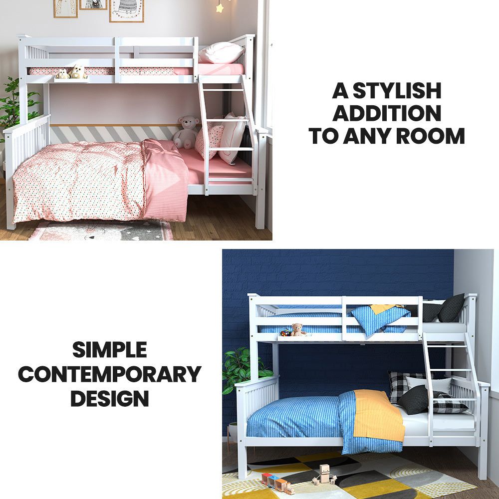 Beds & Bed Frames: Kingston Slumber Single Over Double Wooden Bunk Bed Frame, Triple Solid Pine 2-in-1 Modular Design, Converts to 2 Beds, For Kids, White