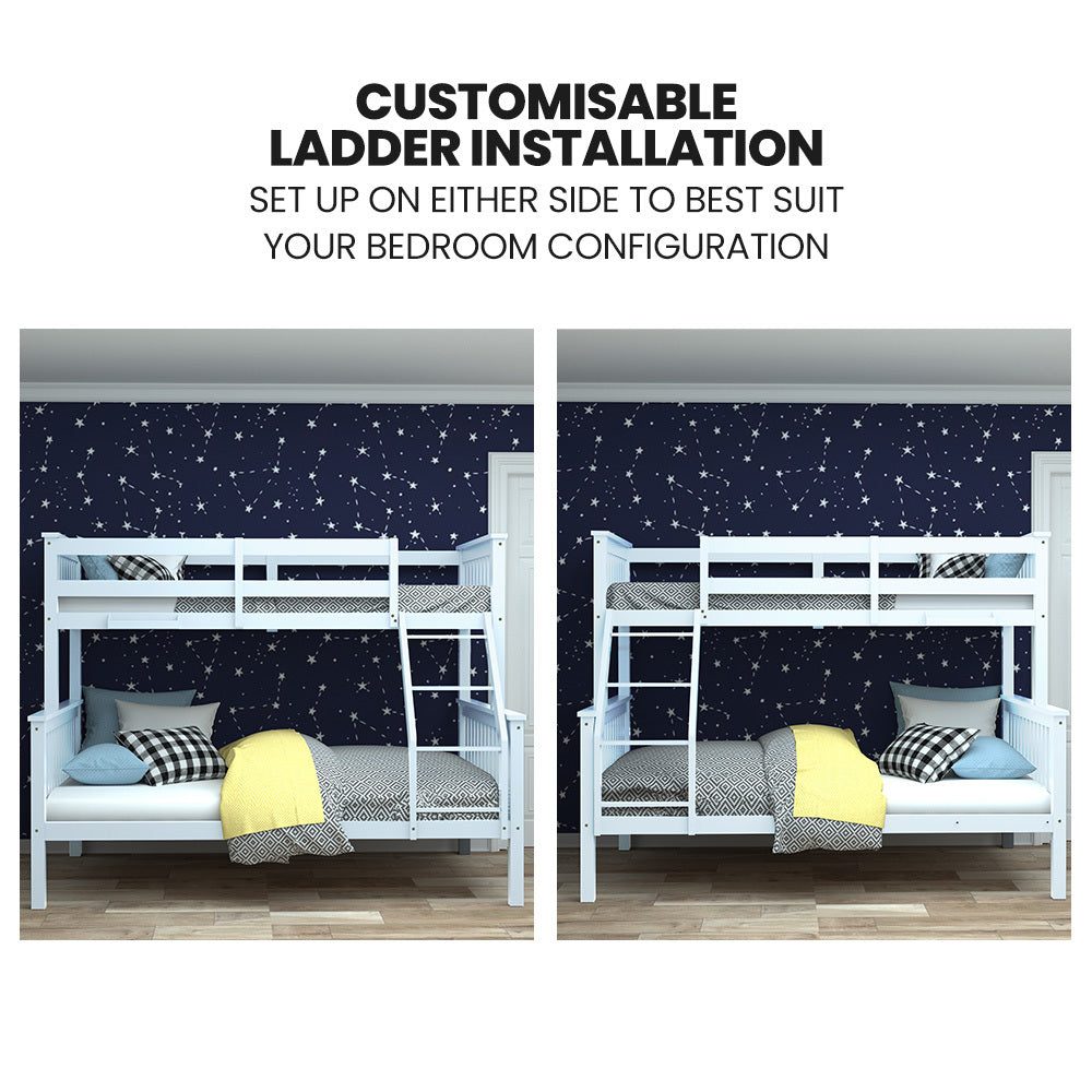 Beds & Bed Frames: Kingston Slumber Single Over Double Wooden Bunk Bed Frame, Triple Solid Pine 2-in-1 Modular Design, Converts to 2 Beds, For Kids, White