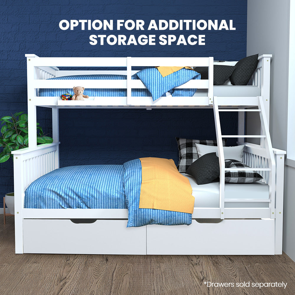 Beds & Bed Frames: Kingston Slumber Single Over Double Wooden Bunk Bed Frame, Triple Solid Pine 2-in-1 Modular Design, Converts to 2 Beds, For Kids, White