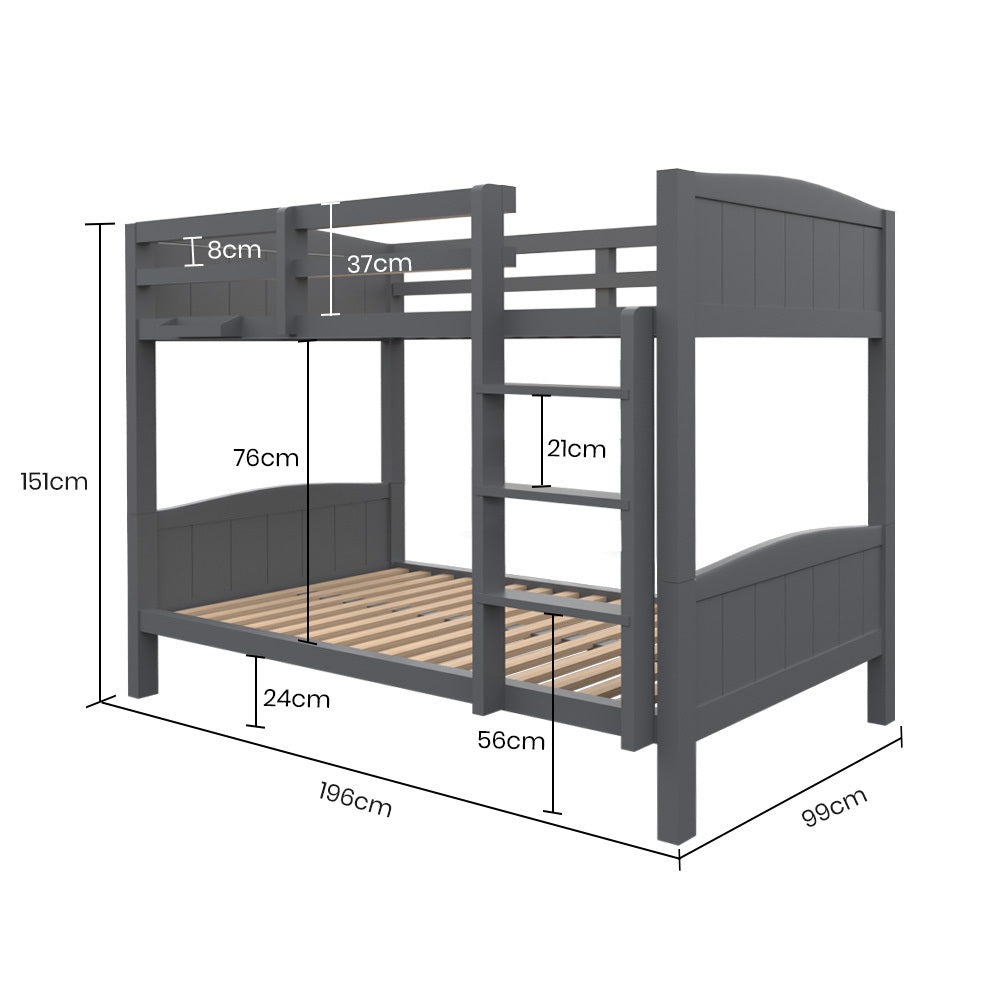 Beds & Bed Frames: KINGSTON SLUMBER Single Bunk Bed Frame, Solid Pine 2-in-1 Modular Design Convert to 2 Single Beds, Grey