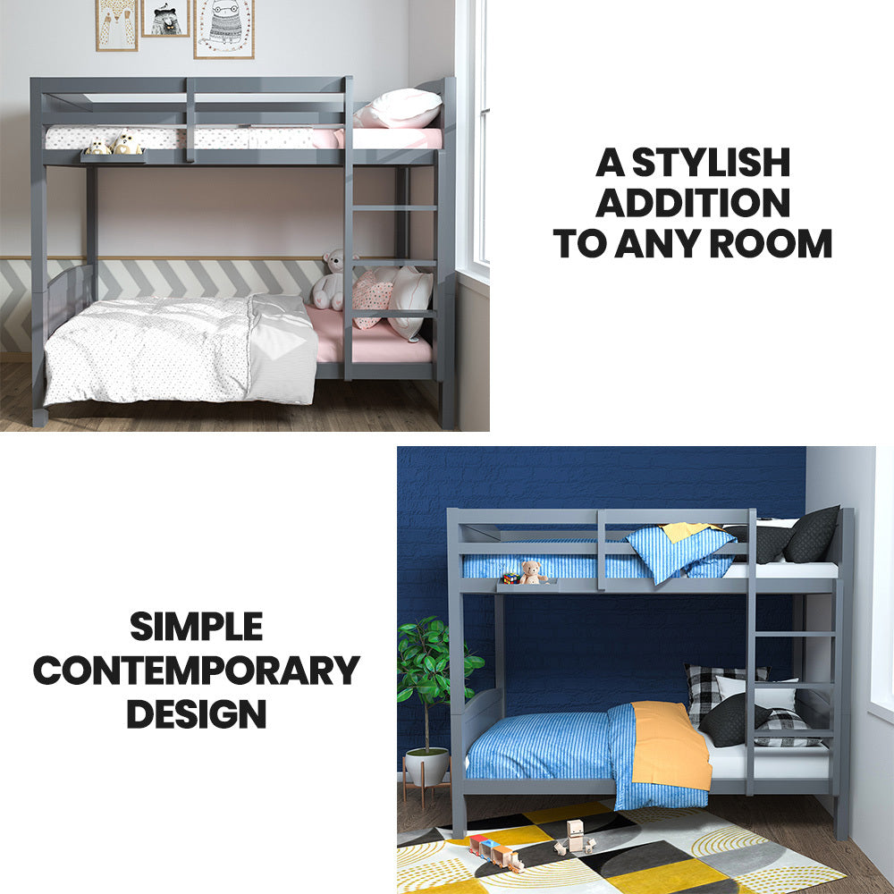Beds & Bed Frames: KINGSTON SLUMBER Single Bunk Bed Frame, Solid Pine 2-in-1 Modular Design Convert to 2 Single Beds, Grey