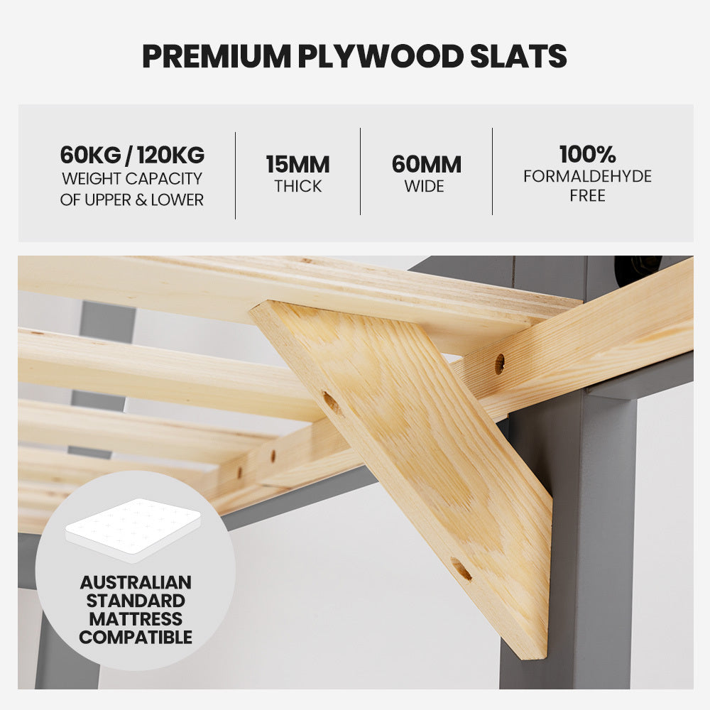 Beds & Bed Frames: KINGSTON SLUMBER Single Bunk Bed Frame, Solid Pine 2-in-1 Modular Design Convert to 2 Single Beds, Grey