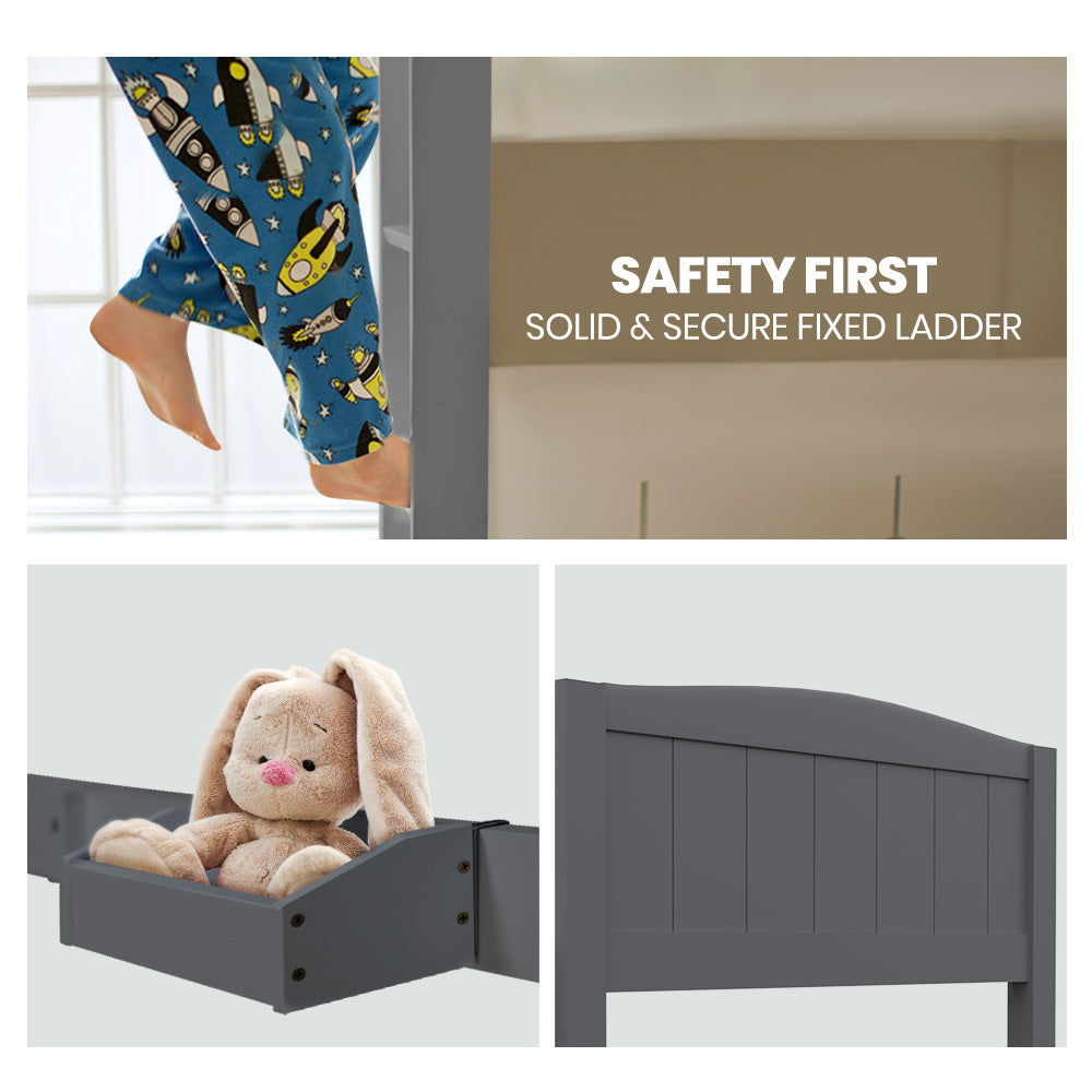 Beds & Bed Frames: KINGSTON SLUMBER Single Bunk Bed Frame, Solid Pine 2-in-1 Modular Design Convert to 2 Single Beds, Grey