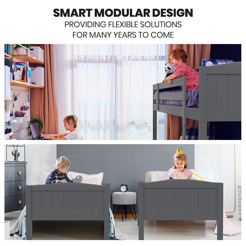 Beds & Bed Frames: KINGSTON SLUMBER Single Bunk Bed Frame, Solid Pine 2-in-1 Modular Design Convert to 2 Single Beds, Grey