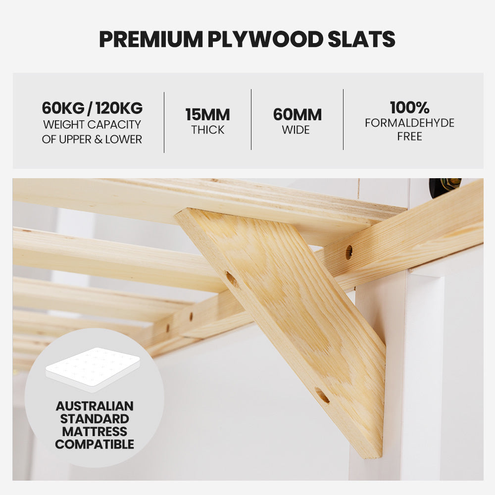 Beds & Bed Frames: Kingston Slumber Single Bunk Bed Frame Solid Pine Wood Timber, Modular Design, White
