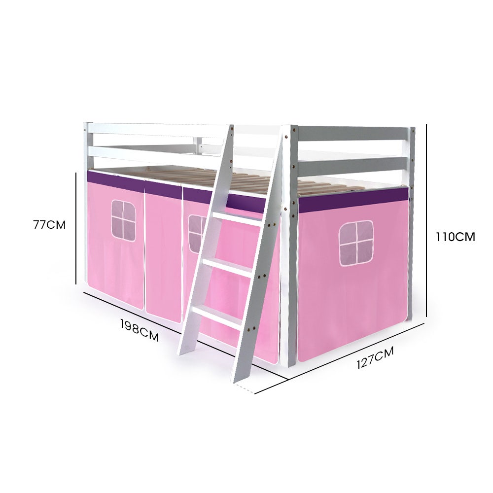 Beds & Bed Frames: Kingston Slumber Wooden Kids Single Loft Bed Frame - Hiding Space Underneath with Interchangeable Pink and Blue Curtains