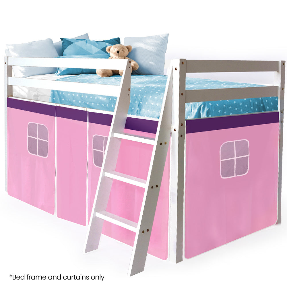 Beds & Bed Frames: Kingston Slumber Wooden Kids Single Loft Bed Frame - Hiding Space Underneath with Interchangeable Pink and Blue Curtains