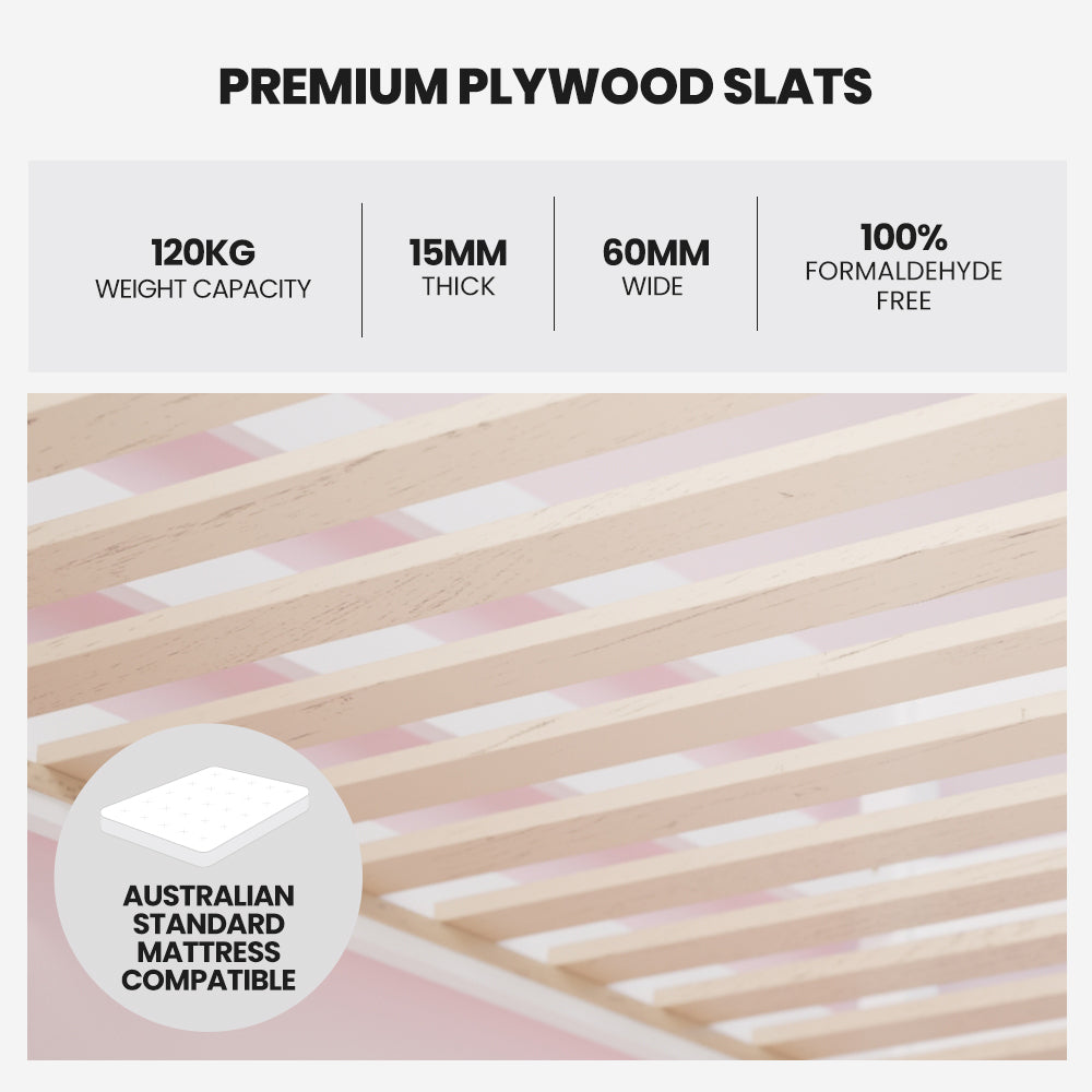 Beds & Bed Frames: Kingston Slumber Wooden Kids Single Loft Bed Frame - Hiding Space Underneath with Interchangeable Pink and Blue Curtains