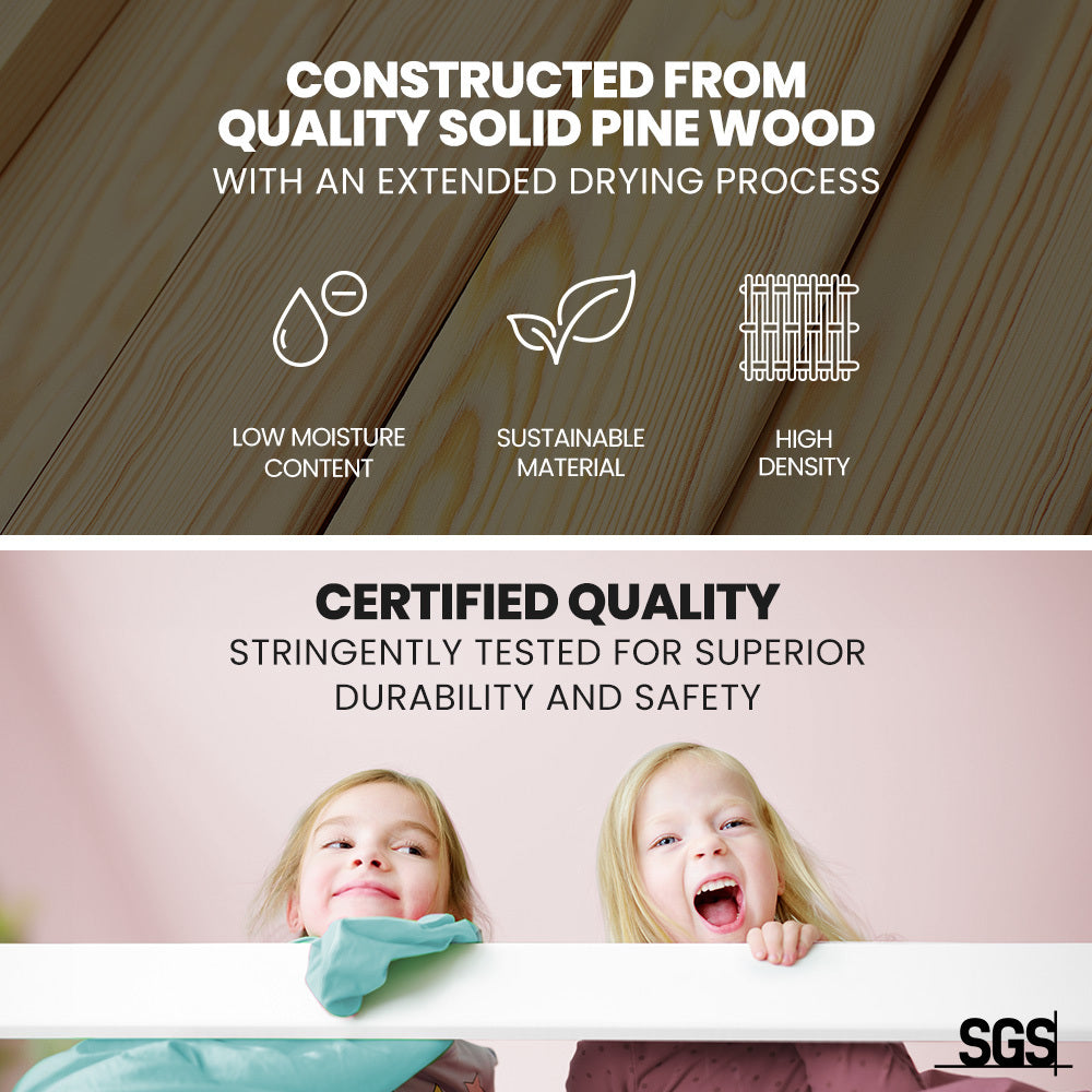 Beds & Bed Frames: Kingston Slumber Wooden Kids Single Loft Bed Frame - Hiding Space Underneath with Interchangeable Pink and Blue Curtains