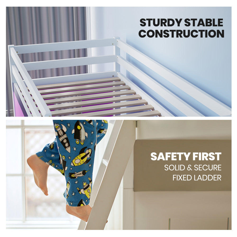 Beds & Bed Frames: Kingston Slumber Wooden Kids Single Loft Bed Frame - Hiding Space Underneath with Interchangeable Pink and Blue Curtains