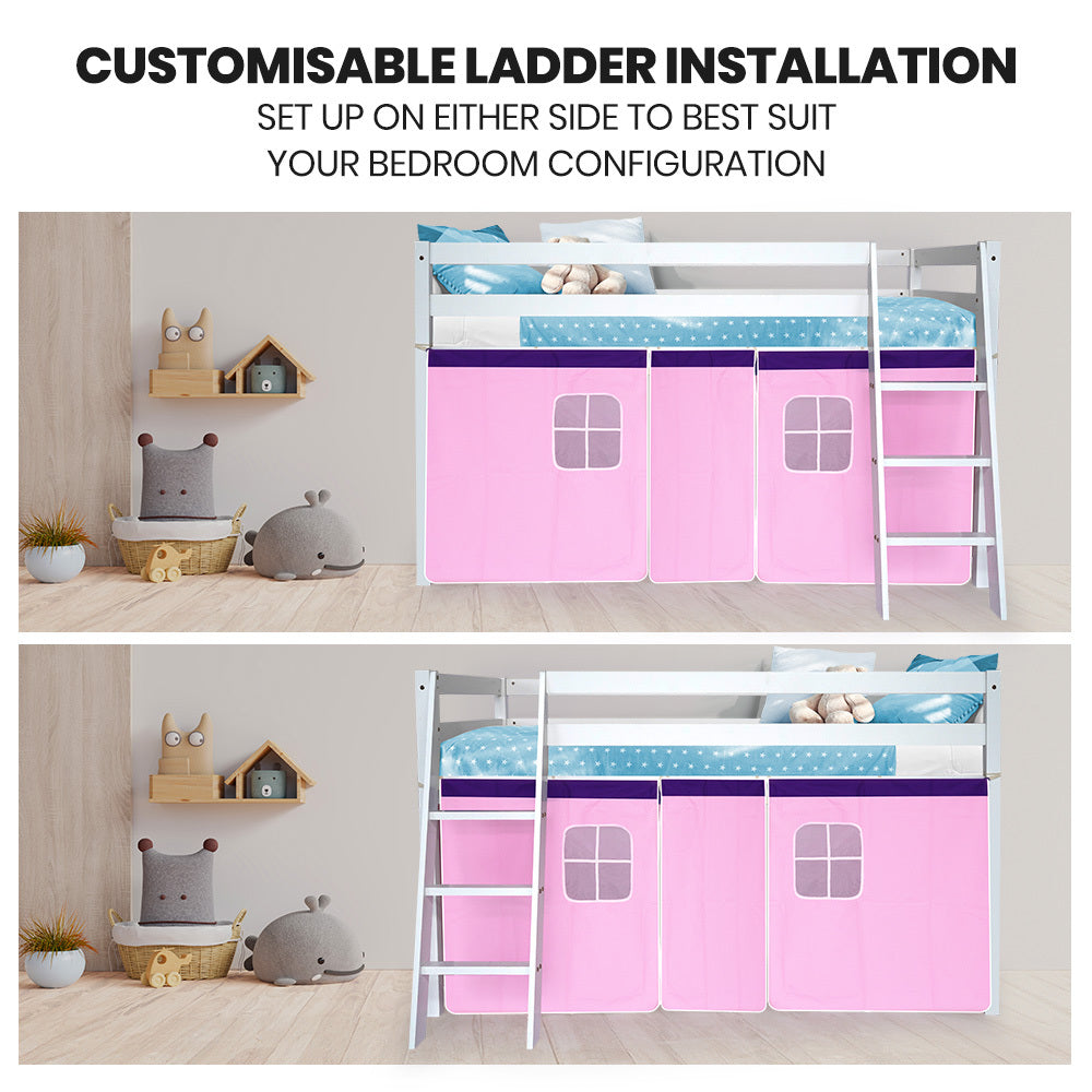 Beds & Bed Frames: Kingston Slumber Wooden Kids Single Loft Bed Frame - Hiding Space Underneath with Interchangeable Pink and Blue Curtains