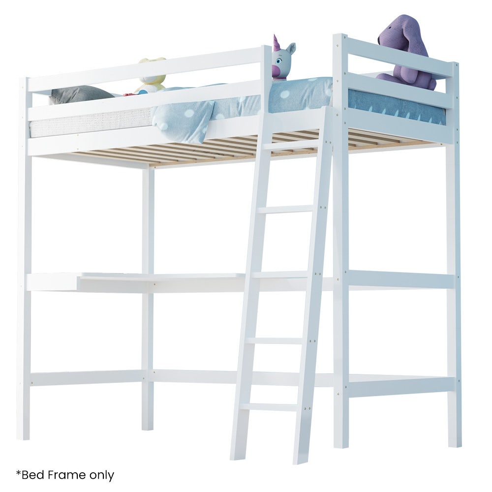 Beds & Bed Frames: KINGSTON SLUMBER Wooden Kids Single Loft Bed Frame with Desk - White
