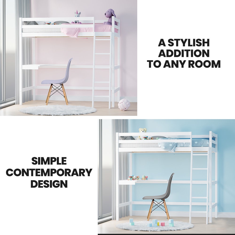 Beds & Bed Frames: KINGSTON SLUMBER Wooden Kids Single Loft Bed Frame with Desk - White