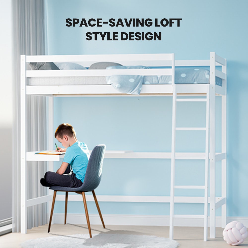 Beds & Bed Frames: KINGSTON SLUMBER Wooden Kids Single Loft Bed Frame with Desk - White