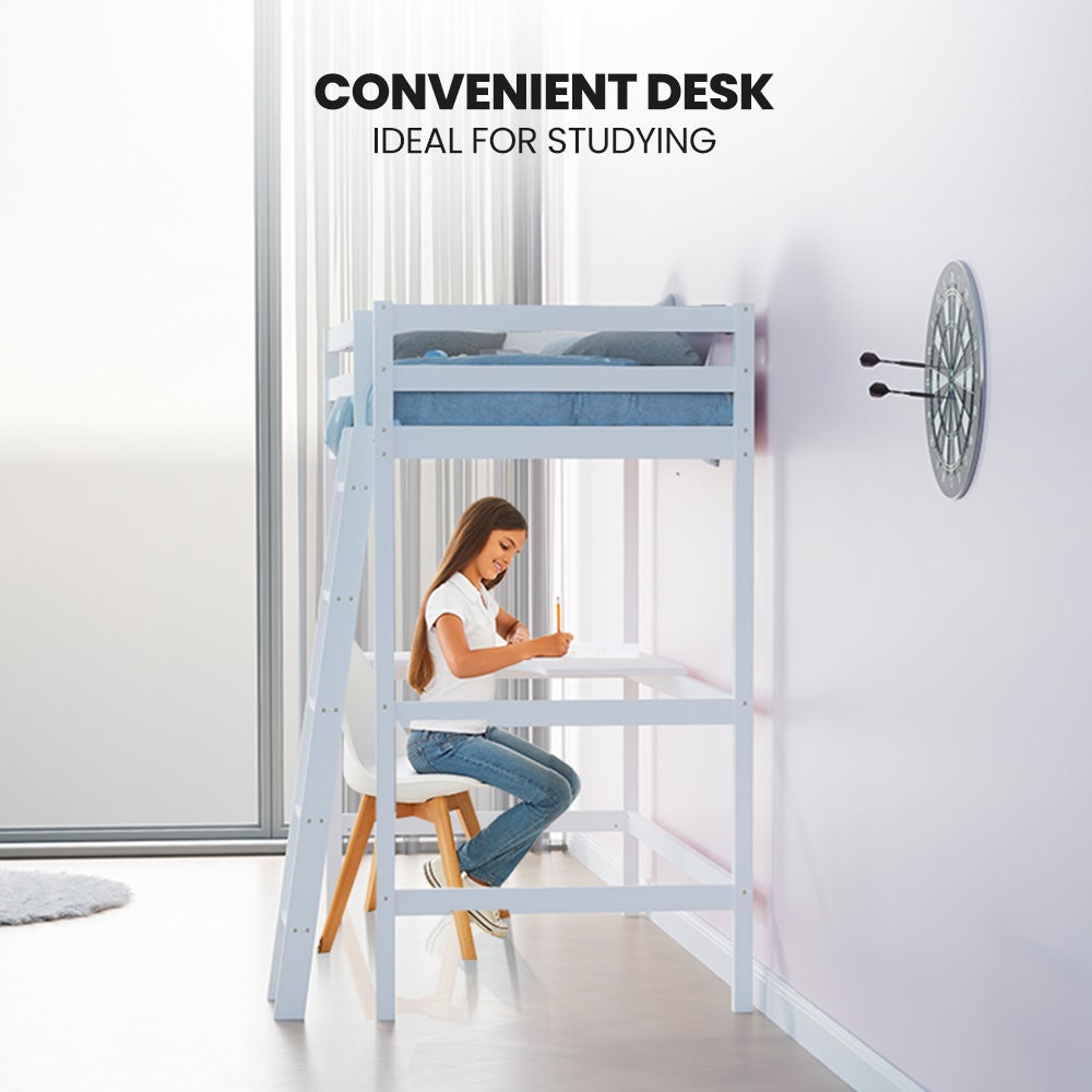 Beds & Bed Frames: KINGSTON SLUMBER Wooden Kids Single Loft Bed Frame with Desk - White