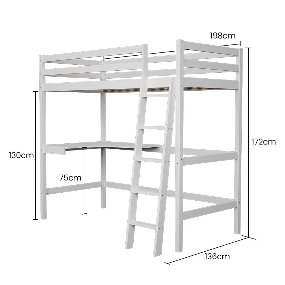 Beds & Bed Frames: KINGSTON SLUMBER Wooden Kids Single Loft Bed Frame with Desk - White