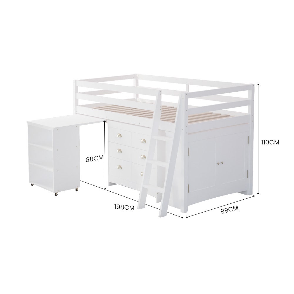 Beds & Bed Frames: KINGSTON SLUMBER Wooden Kids Single Loft Bed Frame with Pull Out Desk, Storage Drawers, Cabinet - White