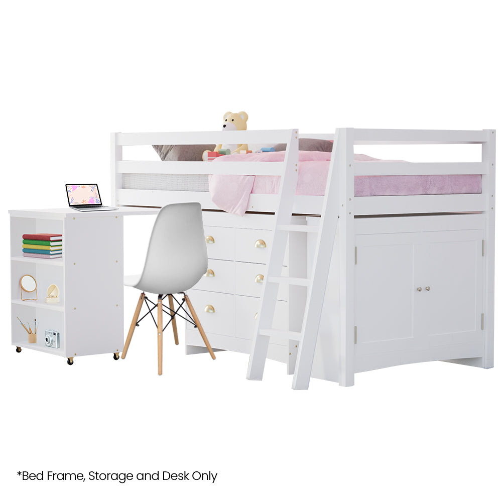 Beds & Bed Frames: KINGSTON SLUMBER Wooden Kids Single Loft Bed Frame with Pull Out Desk, Storage Drawers, Cabinet - White