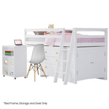 Beds & Bed Frames: KINGSTON SLUMBER Wooden Kids Single Loft Bed Frame with Pull Out Desk, Storage Drawers, Cabinet - White