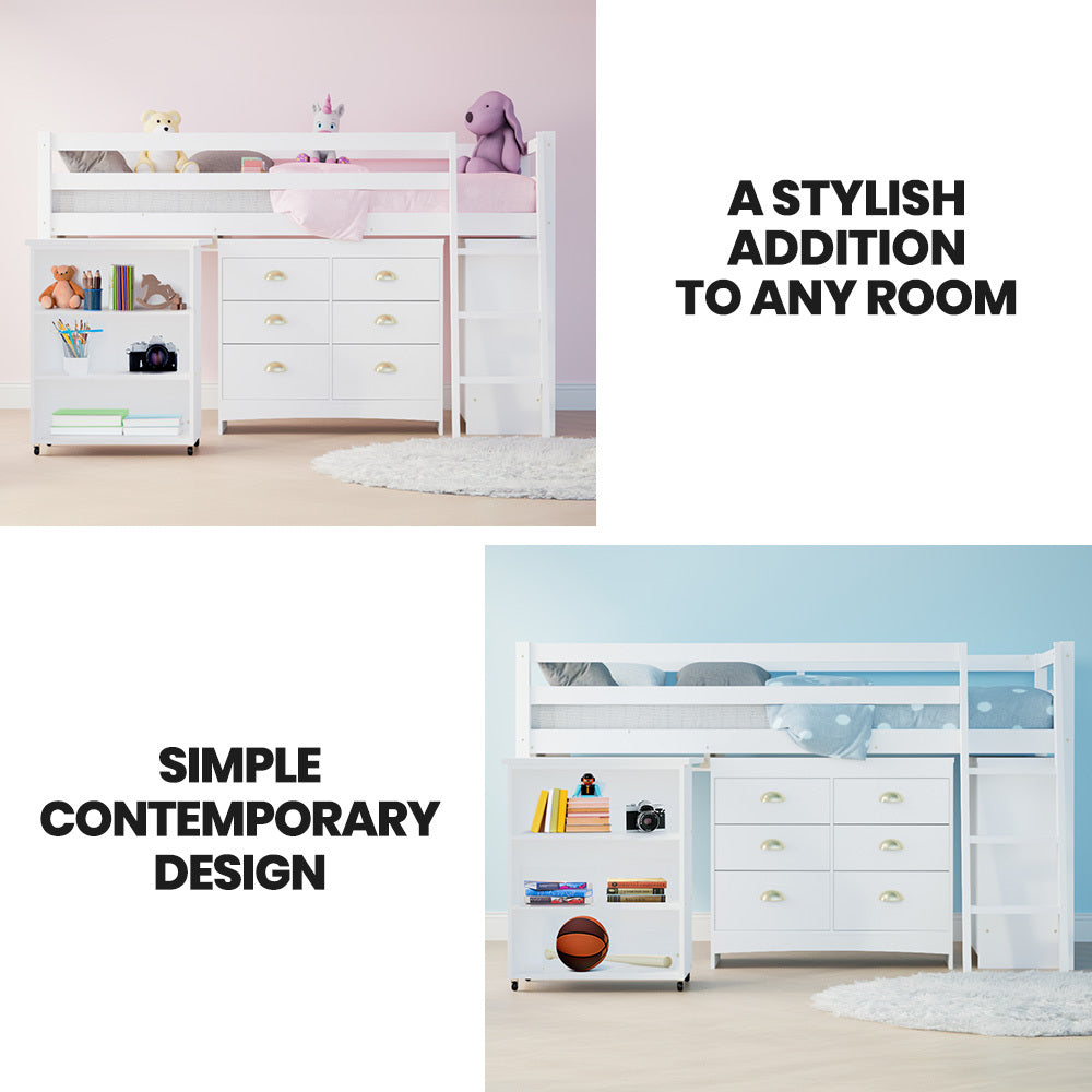 Beds & Bed Frames: KINGSTON SLUMBER Wooden Kids Single Loft Bed Frame with Pull Out Desk, Storage Drawers, Cabinet - White