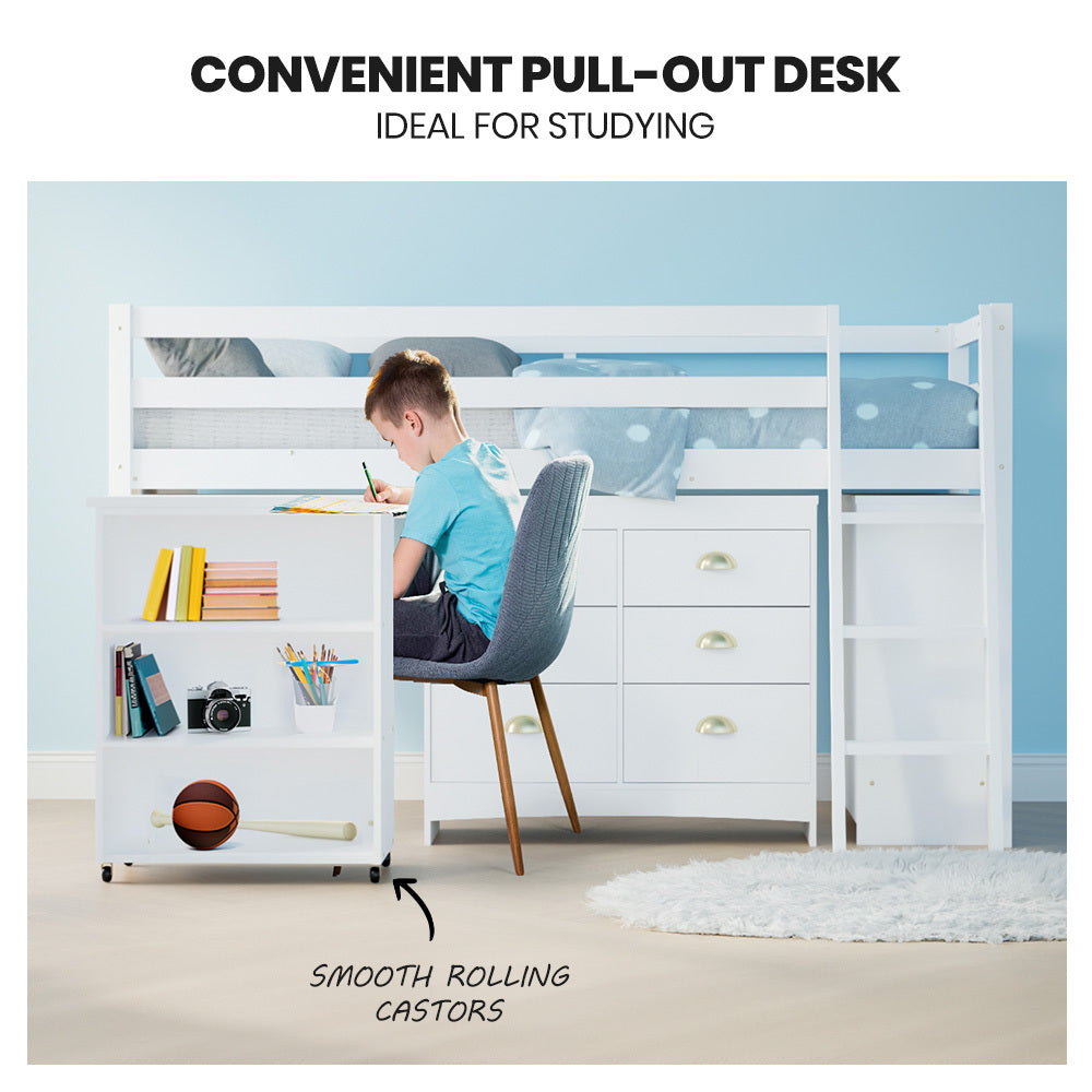Beds & Bed Frames: KINGSTON SLUMBER Wooden Kids Single Loft Bed Frame with Pull Out Desk, Storage Drawers, Cabinet - White