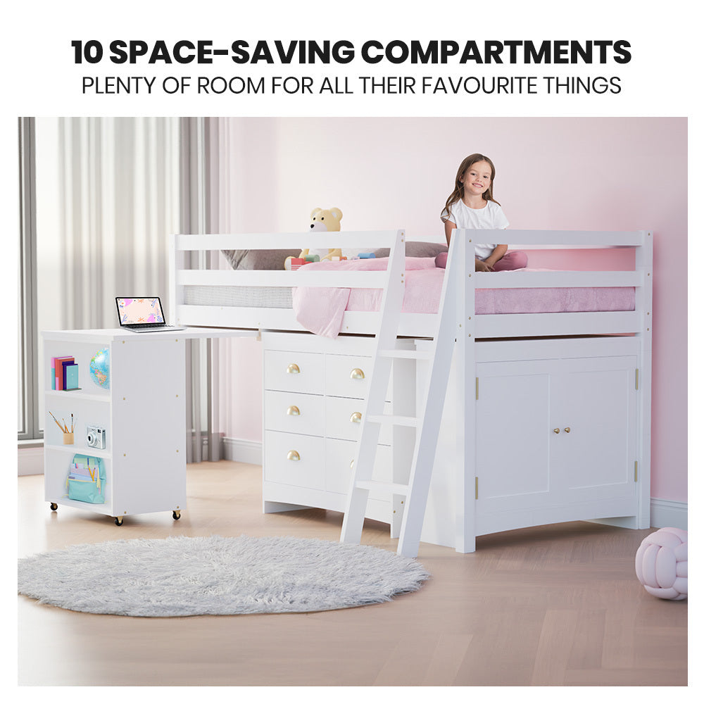 Beds & Bed Frames: KINGSTON SLUMBER Wooden Kids Single Loft Bed Frame with Pull Out Desk, Storage Drawers, Cabinet - White