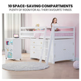 Beds & Bed Frames: KINGSTON SLUMBER Wooden Kids Single Loft Bed Frame with Pull Out Desk, Storage Drawers, Cabinet - White