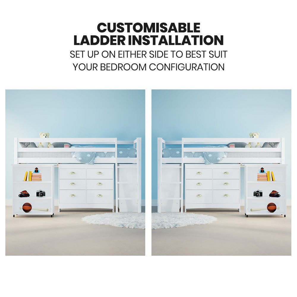 Beds & Bed Frames: KINGSTON SLUMBER Wooden Kids Single Loft Bed Frame with Pull Out Desk, Storage Drawers, Cabinet - White