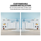 Beds & Bed Frames: KINGSTON SLUMBER Wooden Kids Single Loft Bed Frame with Pull Out Desk, Storage Drawers, Cabinet - White