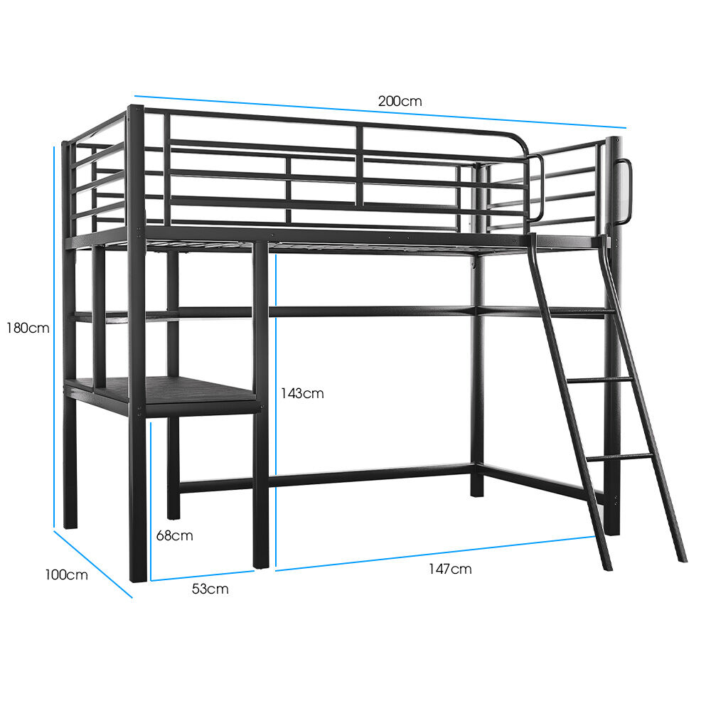 Beds & Bed Frames: Gaming Loft Bed with Desk, Steel Metal Frame, Space Saving Design, for Single Mattress, Matte Dark Grey