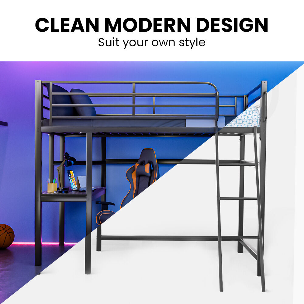 Beds & Bed Frames: Gaming Loft Bed with Desk, Steel Metal Frame, Space Saving Design, for Single Mattress, Matte Dark Grey