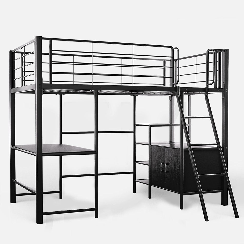 Beds & Bed Frames: Gaming Loft Bed with Desk and Storage Cabinet, Steel Metal Frame, Space Saving Design, for Single Mattress, Matte Dark Grey