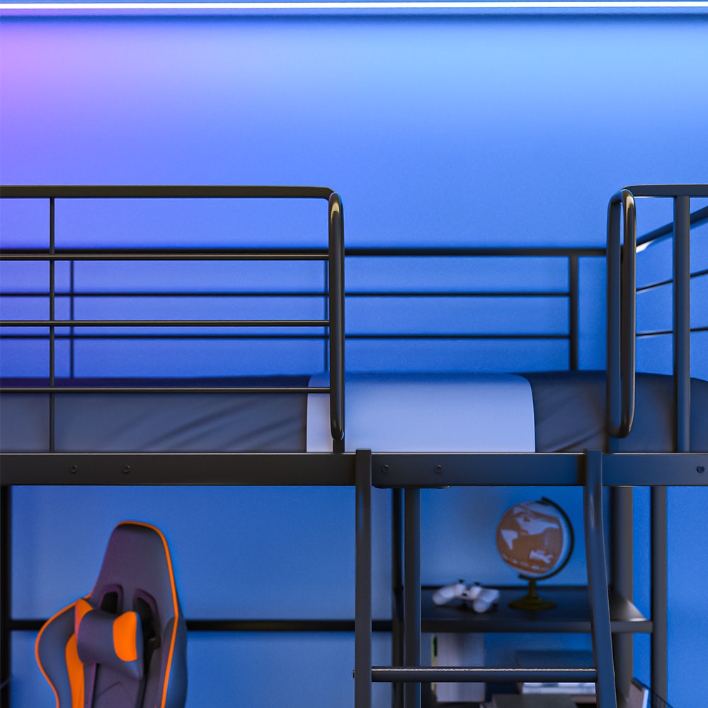 Beds & Bed Frames: Gaming Loft Bed with Desk and Storage Cabinet, Steel Metal Frame, Space Saving Design, for Single Mattress, Matte Dark Grey