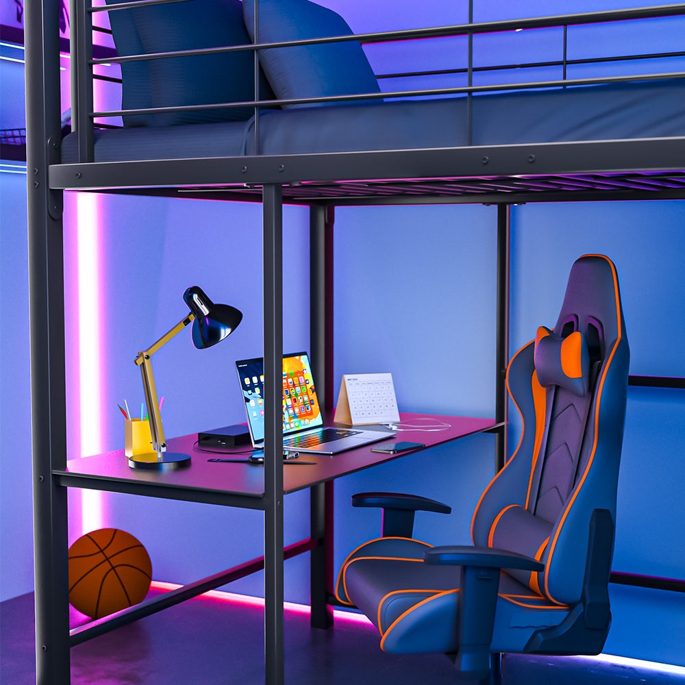 Beds & Bed Frames: Gaming Loft Bed with Desk and Storage Cabinet, Steel Metal Frame, Space Saving Design, for Single Mattress, Matte Dark Grey
