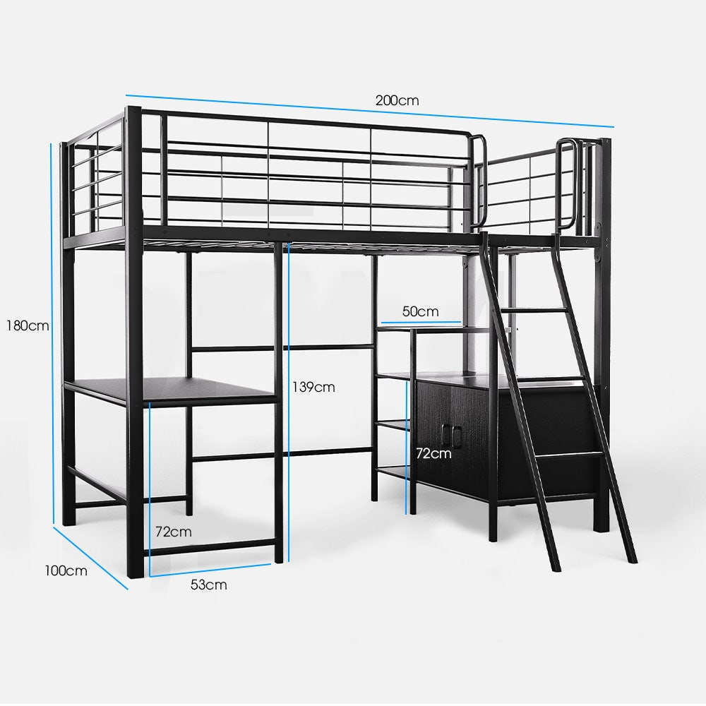 Beds & Bed Frames: Gaming Loft Bed with Desk and Storage Cabinet, Steel Metal Frame, Space Saving Design, for Single Mattress, Matte Dark Grey