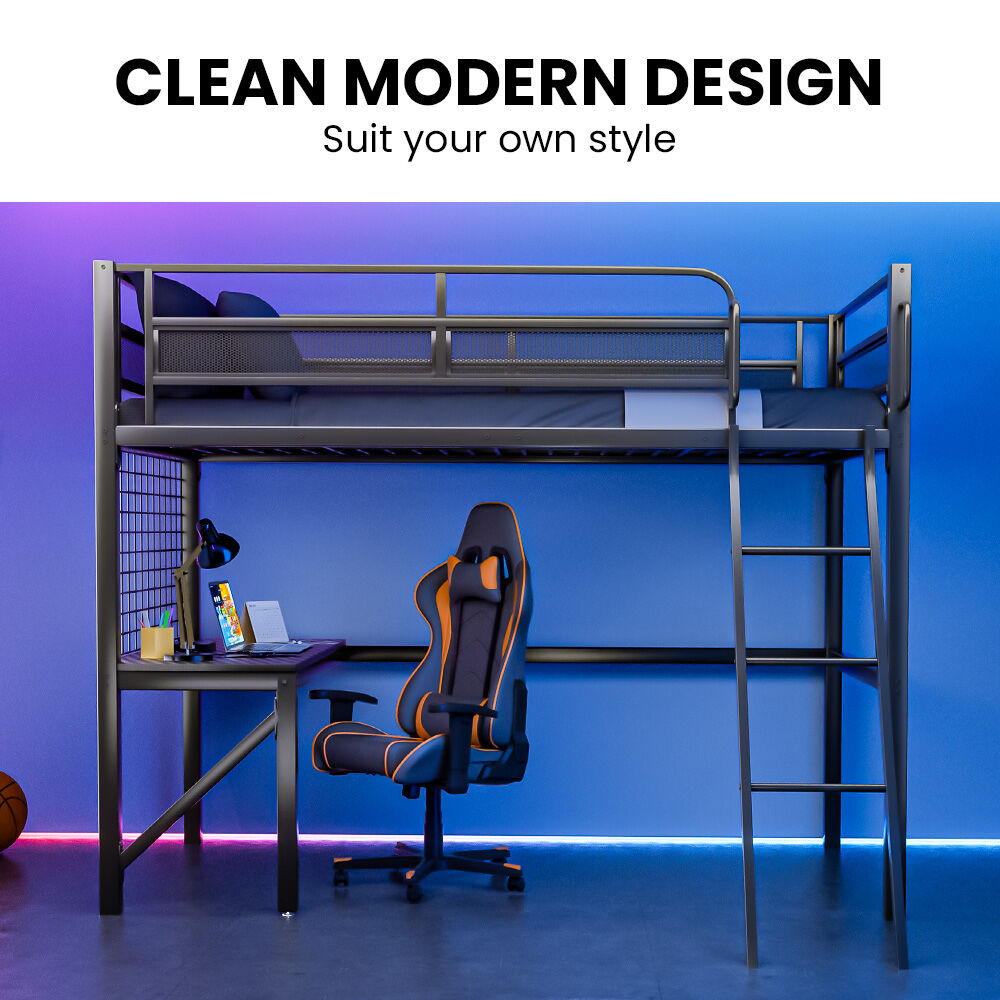 Beds & Bed Frames: Gaming Loft Bed with Desk, Gridwall, Steel Metal Frame, Space Saving Design, for Single Mattress, Matte Dark Grey