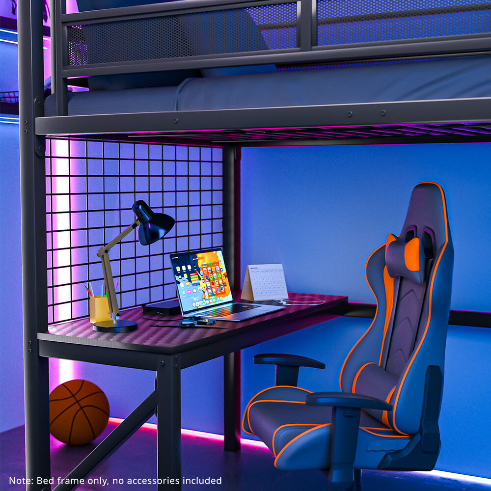 Beds & Bed Frames: Gaming Loft Bed with Desk, Gridwall, Steel Metal Frame, Space Saving Design, for Single Mattress, Matte Dark Grey