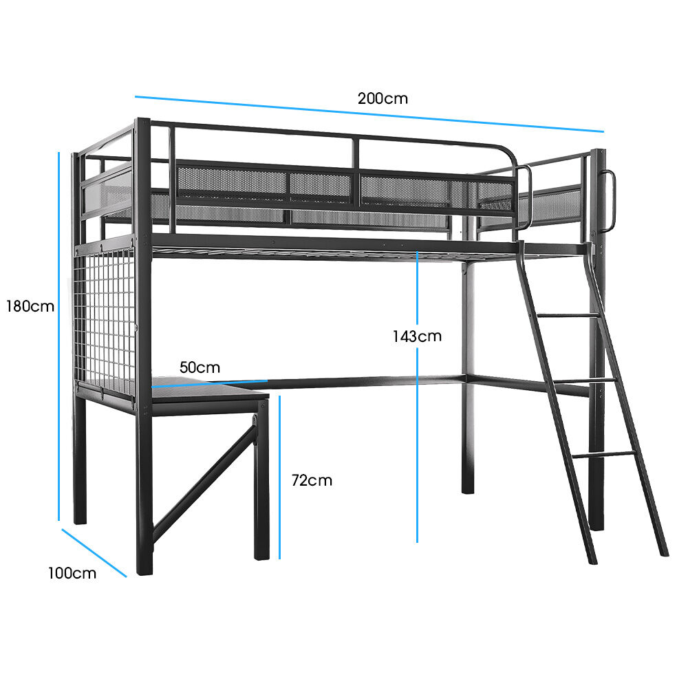Beds & Bed Frames: Gaming Loft Bed with Desk, Gridwall, Steel Metal Frame, Space Saving Design, for Single Mattress, Matte Dark Grey