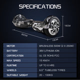Hoverboards: BULLET Gen III Hoverboard Scooter, Dual Copper Motors, UL Certified, AU Compliant, 6.5" Wheels, Superior Self Balancing System, LED Lights, Carry Bag, Camo Grey