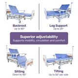 Sleeping Aids: EQUIPMED Electric 8 Function Medical Bed , w/ Mattress & Over Bed Table, Adjustable Back and Leg Lifting, Lateral Tilting, Commode Bowl, IV Pole