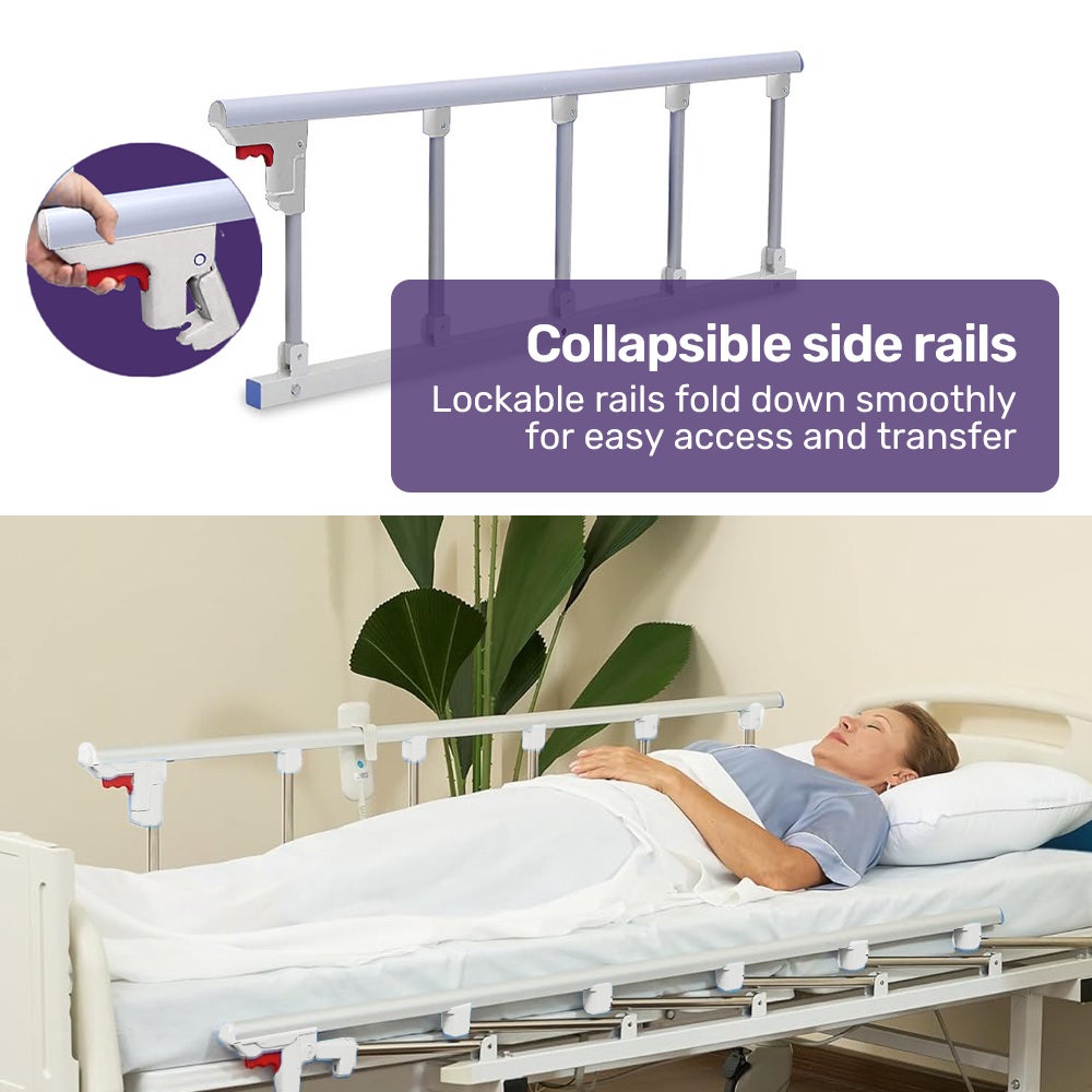 EQUIPMED Electric 8 Function Medical Bed , w/ Mattress & Over Bed Table, Adjustable Back and Leg Lifting, Lateral Tilting, Commode Bowl, IV Pole