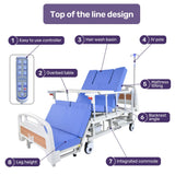 Sleeping Aids: EQUIPMED Electric 8 Function Medical Bed , w/ Mattress & Over Bed Table, Adjustable Back and Leg Lifting, Lateral Tilting, Commode Bowl, IV Pole