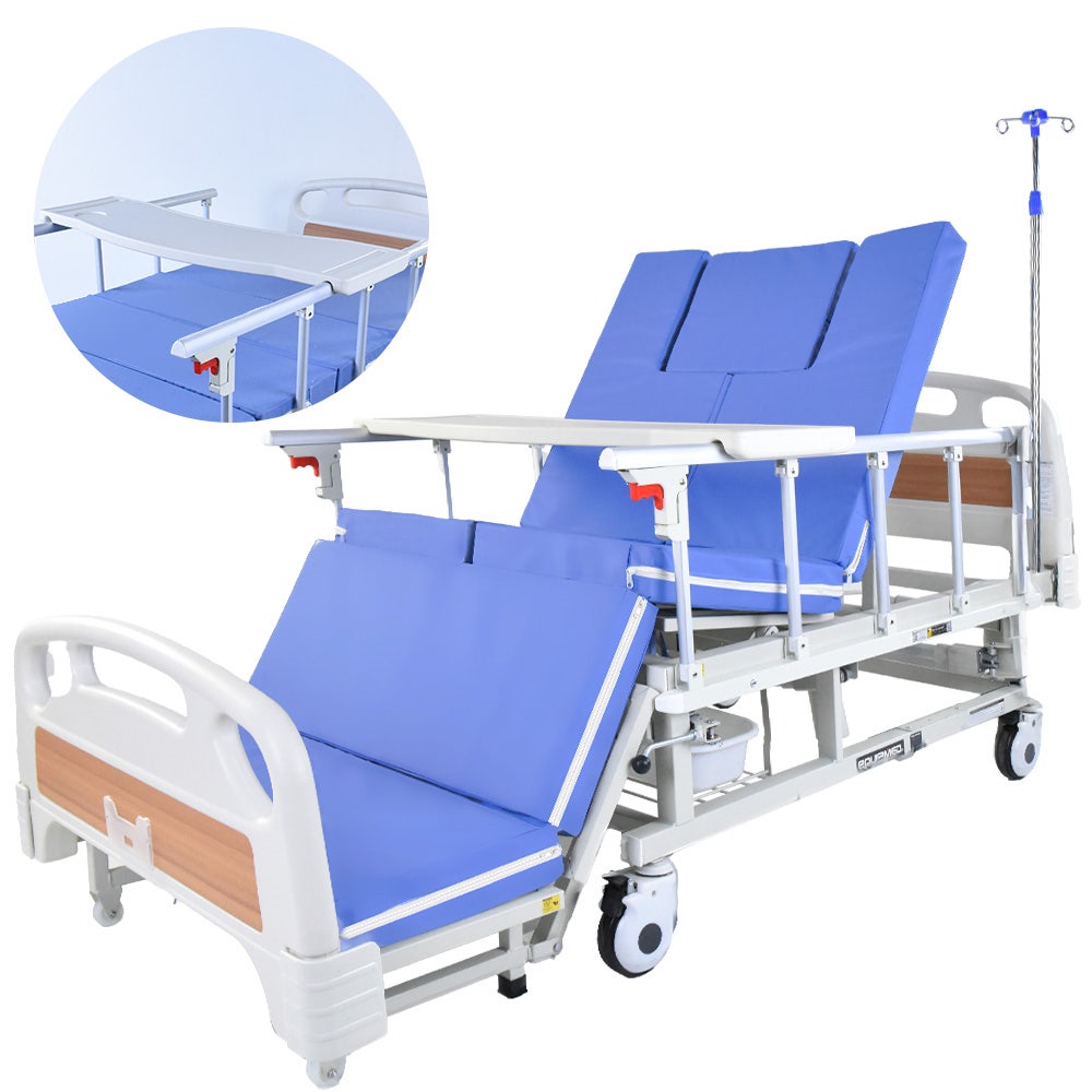 Sleeping Aids: EQUIPMED 7 Function Medical Bed, w/ Mattress & Over Bed Table, Adjustable Back and Leg Lifting, Lateral Tilting, Commode Bowl, IV Pole