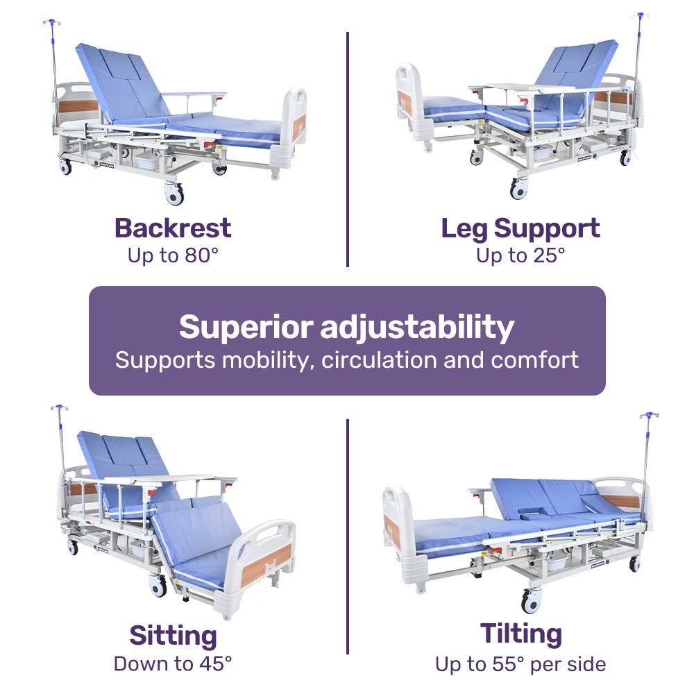 Sleeping Aids: EQUIPMED 7 Function Medical Bed, w/ Mattress & Over Bed Table, Adjustable Back and Leg Lifting, Lateral Tilting, Commode Bowl, IV Pole