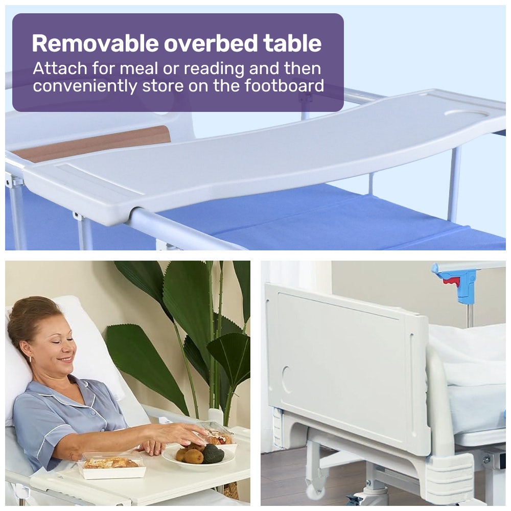 Sleeping Aids: EQUIPMED 7 Function Medical Bed, w/ Mattress & Over Bed Table, Adjustable Back and Leg Lifting, Lateral Tilting, Commode Bowl, IV Pole