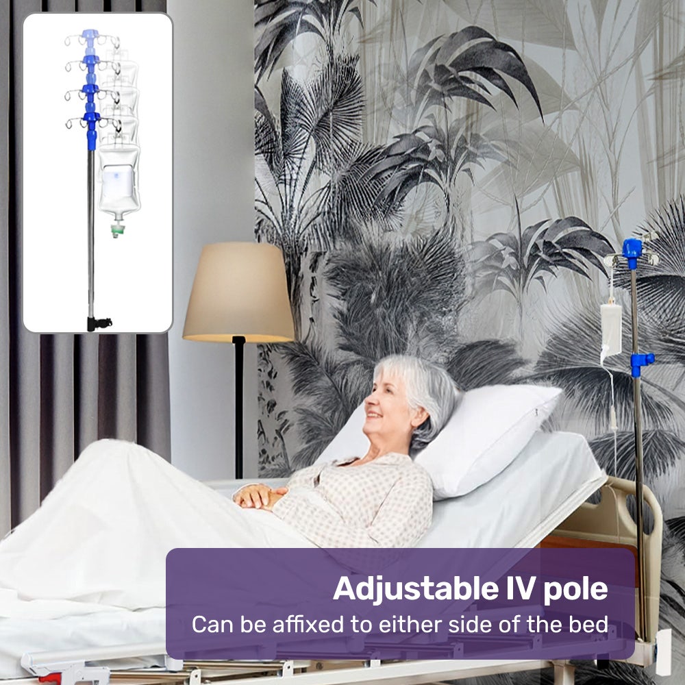 Sleeping Aids: EQUIPMED 7 Function Medical Bed, w/ Mattress & Over Bed Table, Adjustable Back and Leg Lifting, Lateral Tilting, Commode Bowl, IV Pole