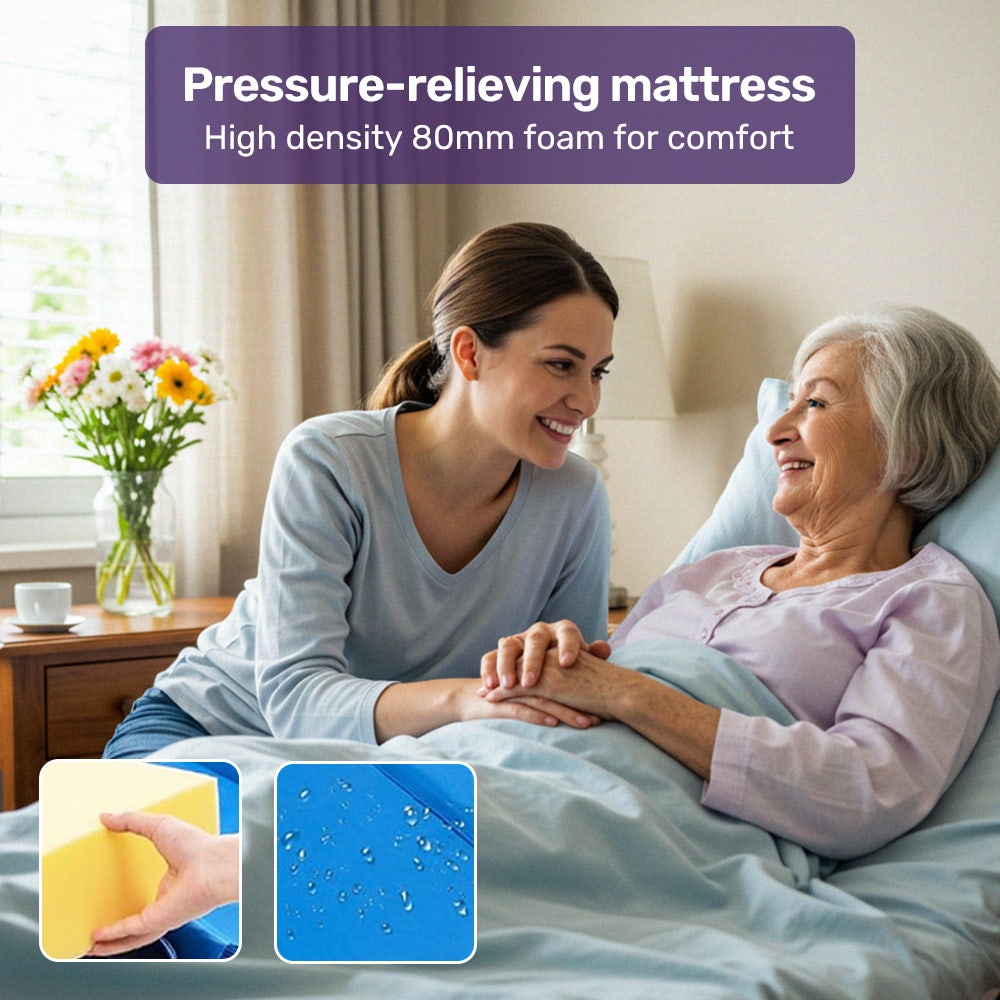 Sleeping Aids: EQUIPMED 7 Function Medical Bed, w/ Mattress & Over Bed Table, Adjustable Back and Leg Lifting, Lateral Tilting, Commode Bowl, IV Pole