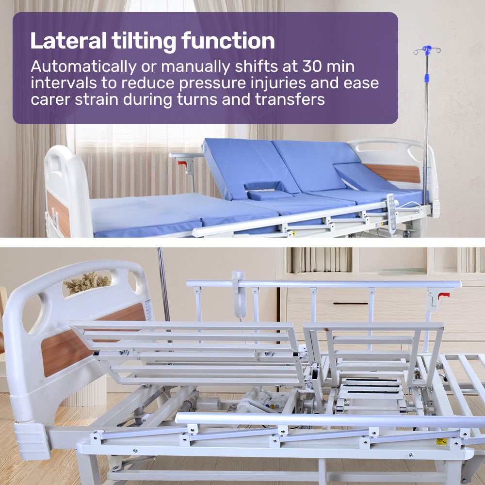 Sleeping Aids: EQUIPMED 7 Function Medical Bed, w/ Mattress & Over Bed Table, Adjustable Back and Leg Lifting, Lateral Tilting, Commode Bowl, IV Pole