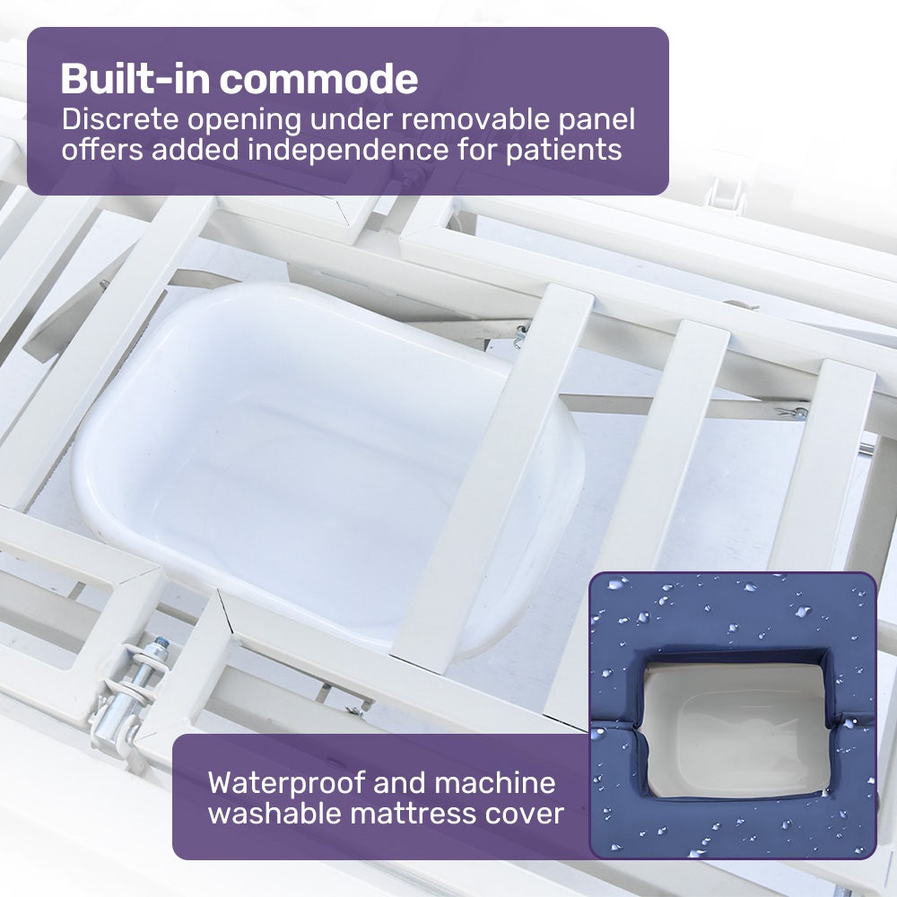 Sleeping Aids: EQUIPMED 7 Function Medical Bed, w/ Mattress & Over Bed Table, Adjustable Back and Leg Lifting, Lateral Tilting, Commode Bowl, IV Pole